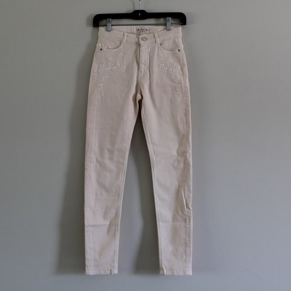 NWT Bonpoint Girl's Darla Pink Floral Embroidered Denim Jeans Pants Skinny 12